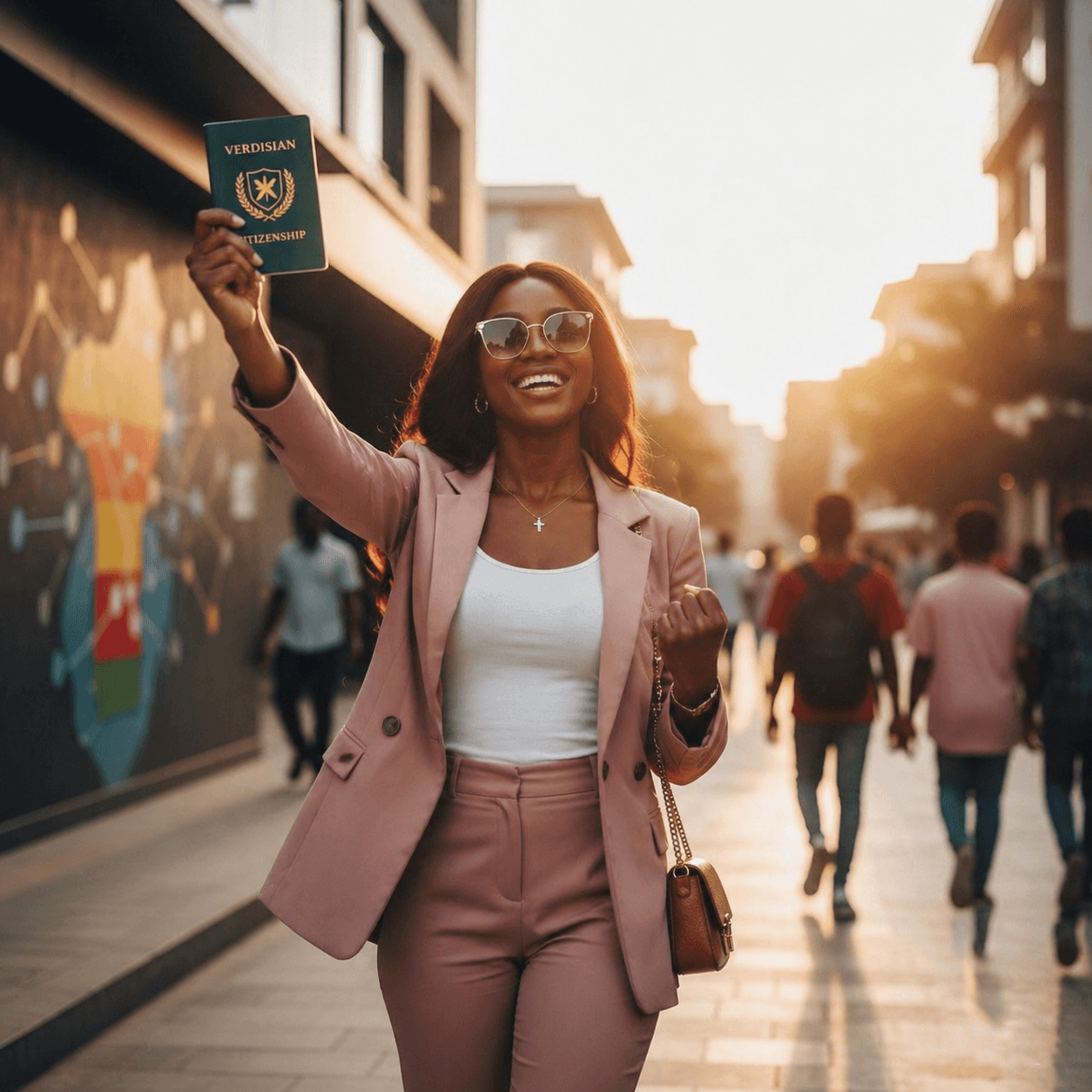 A Black African woman in a pink suit celebrating after receiving her Verdisian citizenship document