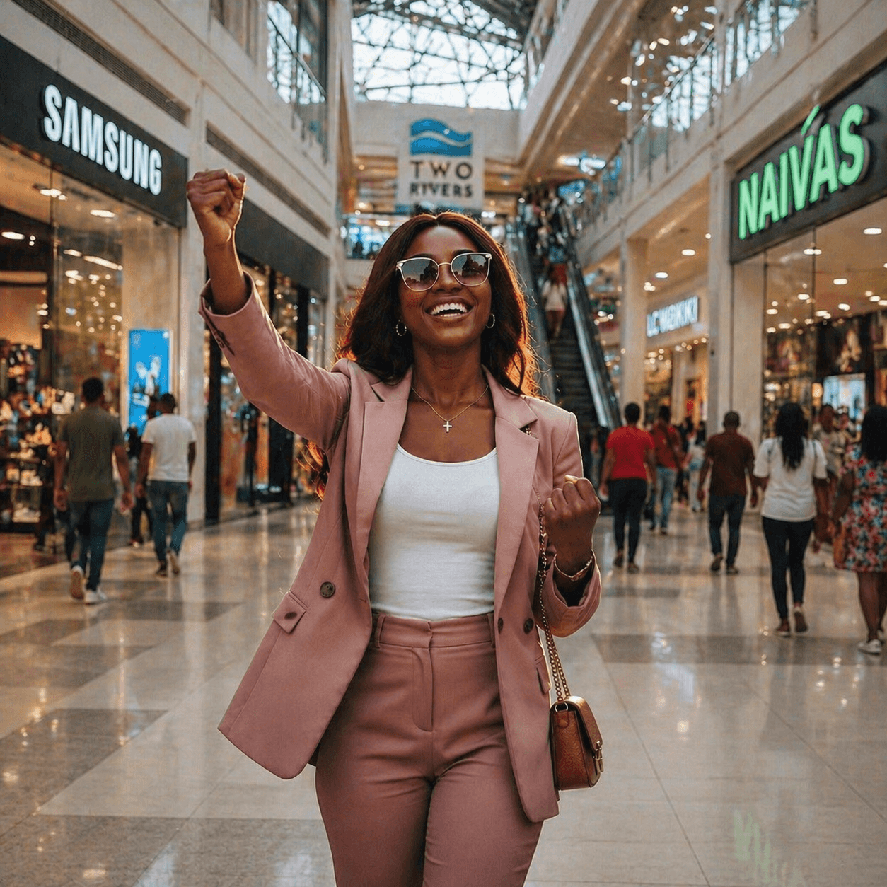 A Black African woman in a pink suit walking confidently through a busy mall, celebrating a personal win