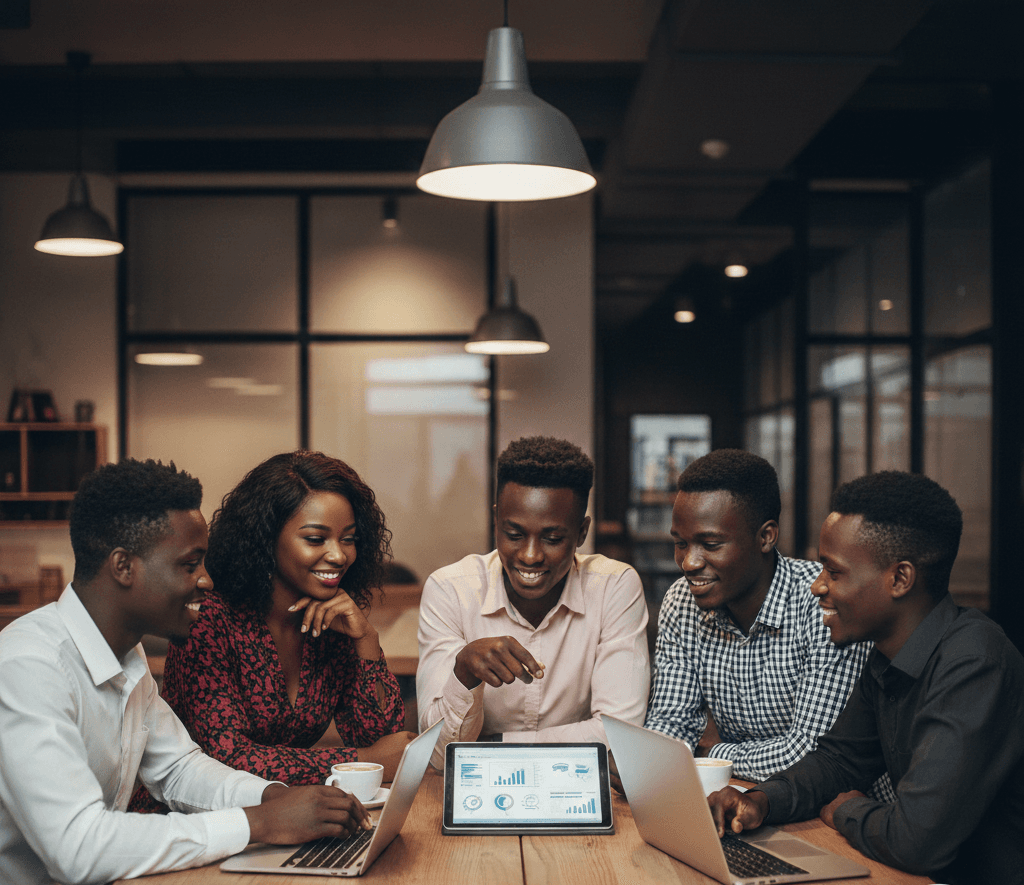 A group of smiling young African men and women collaborating on their e-Residency applications
